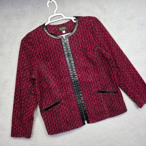 Bob Mackie‎ Jacket Women L Red Black Animal Print Faux Leather Trim Retro Preppy